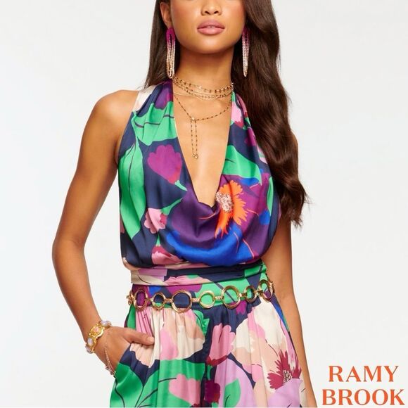 Ramy Brook **NWT** 'Robin' Spring Navy Cabana Floral Satin Halter Blouse - Picture 1 of 13